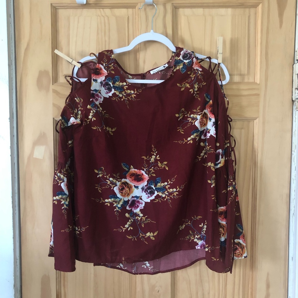 NWT Loveriche Lace Up Cold Shoulder Floral Long Sleeve Blouse - Women's Sz M